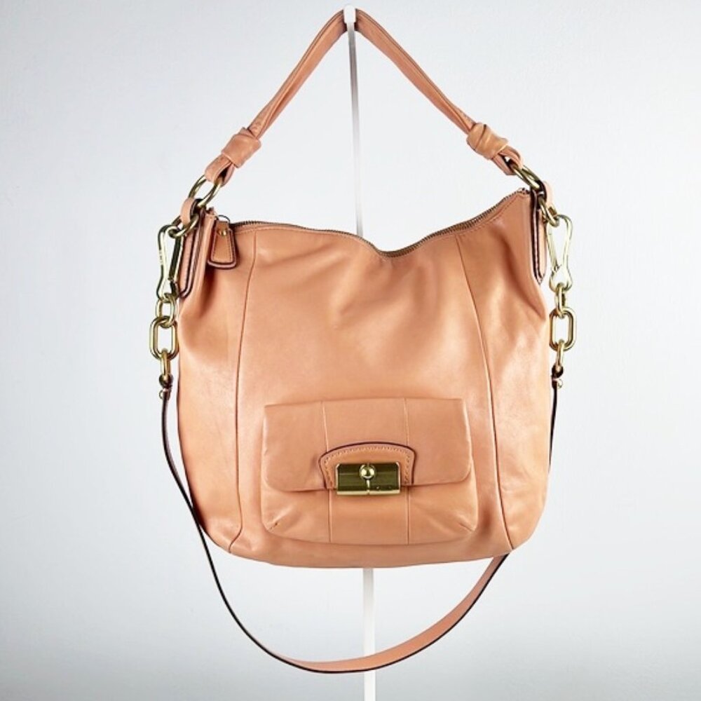 Coach Kristin Soft Leather Hobo Shoulder Crossbody Bag Peach Salmon Pink 14783
